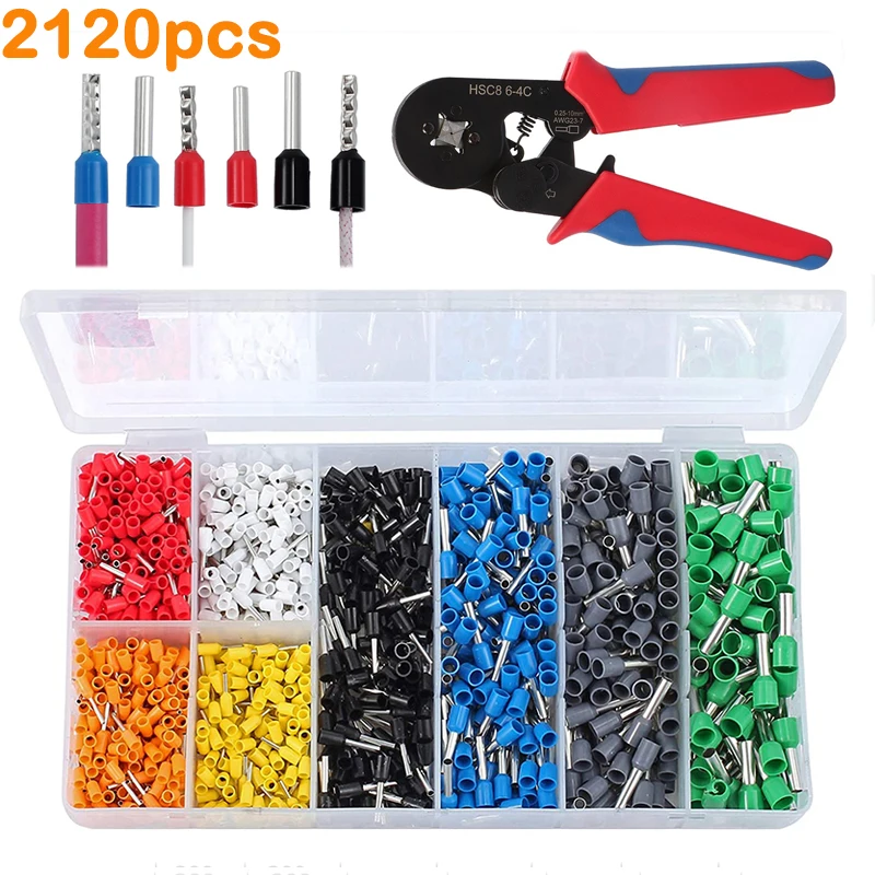 2120PCS Insulated Electric Crimp Lugs Cord Pin End Terminal Pearl Cotton Crimp Connector Assortment Kit Pliers Crimping Tips