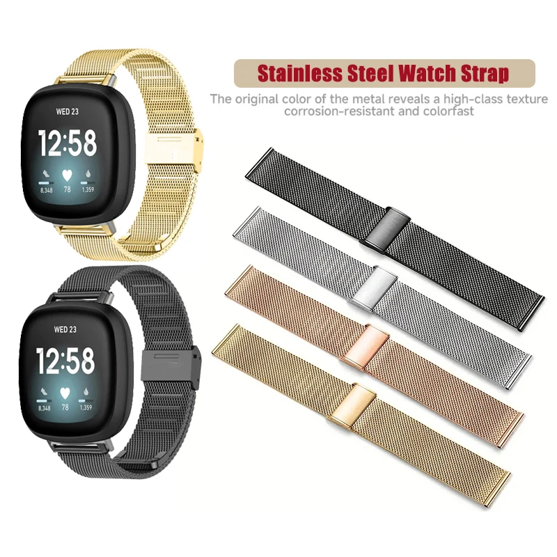 Snap Button Milanese Stainless Steel Strap For Fitbit Versa 4 3 / Sense 2 1