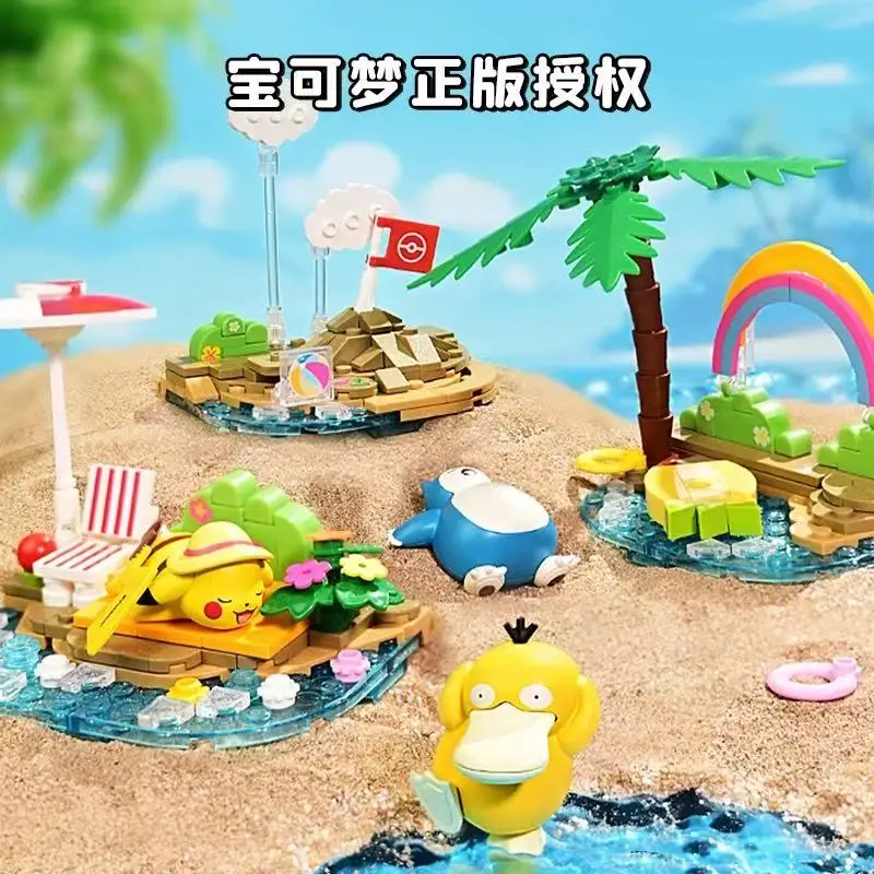 Original Pokémon Beach Party Theme Building Blocks Toys Pikachu Eevee Snorlax Pichu Figure Assemble Model Kids Puzzle Block Toys
