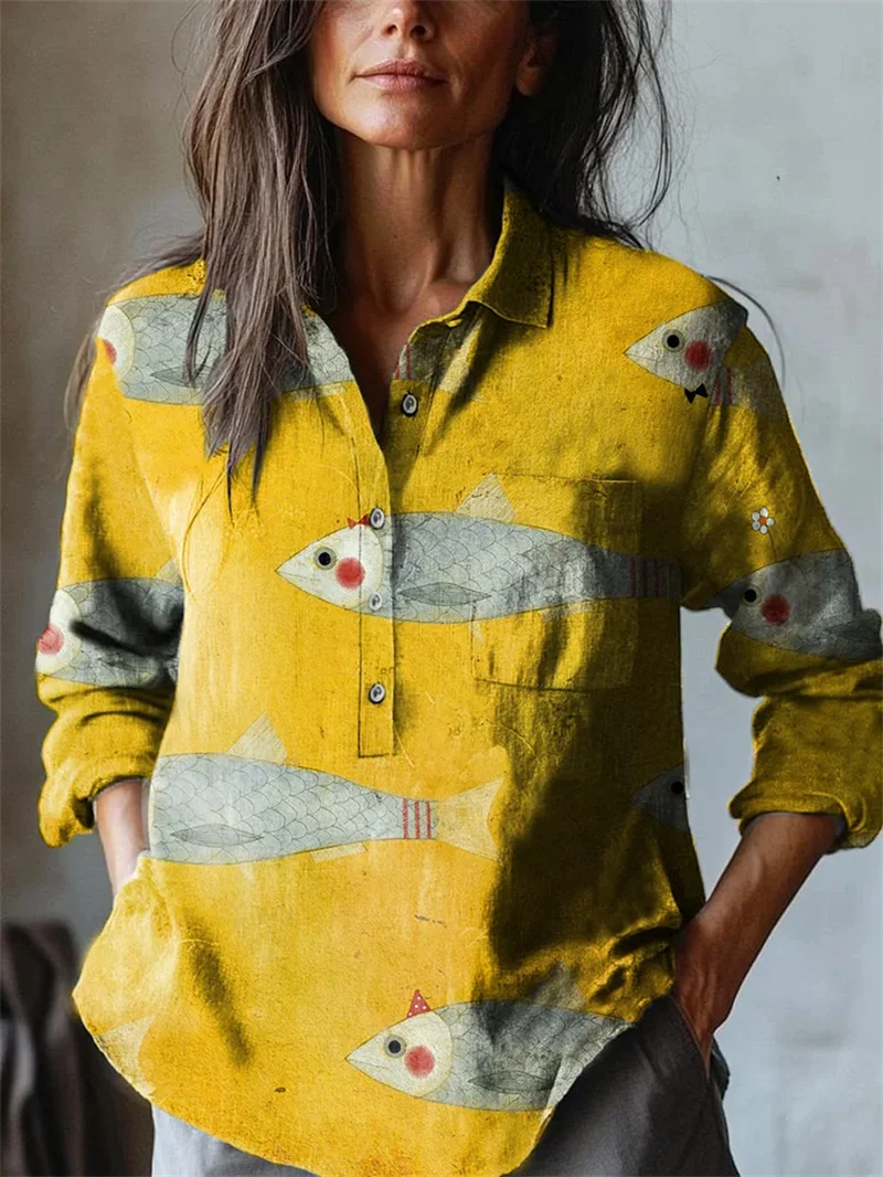 New Spring Summer Women's Long Sleeve Shirt Standalone Fish Pattern Casual Hawaiian Style Shirt Top Linen Clothing