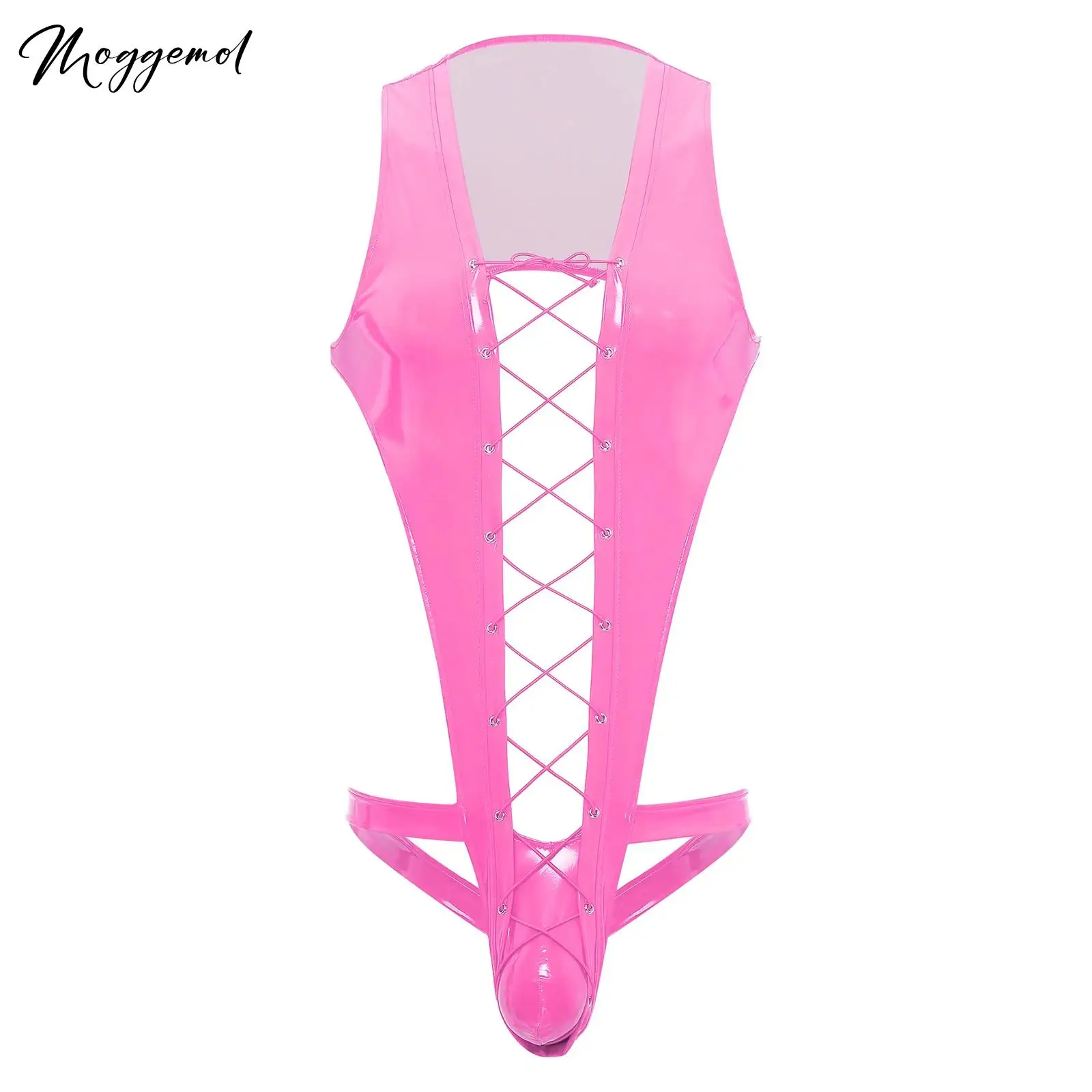 

Men Latex Lingerie Bodysuit Sleeveless Sexy Hollow Out Lace-up Pouch Thong Jumpsuit Fuax Leather Leotard Party Night Club Wear