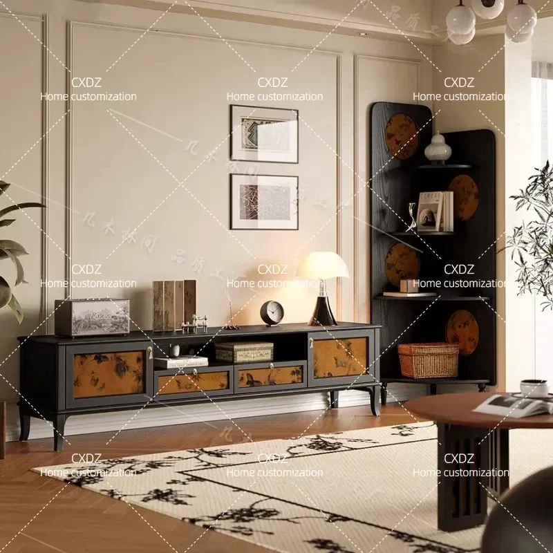 Solid Wood TV Cabinet Living Room Wall Mounted Storage Unit Retro Light Luxury Floor Standing Media Console with Cloud Yarn