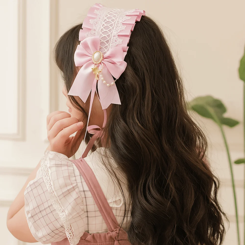 

Cute Sweet Lolita Lace Headband Ribbon Bow Pearl Maid Cosplay Headdress Hair Accessories Kawaii Ruffled Hairband Cosplay
