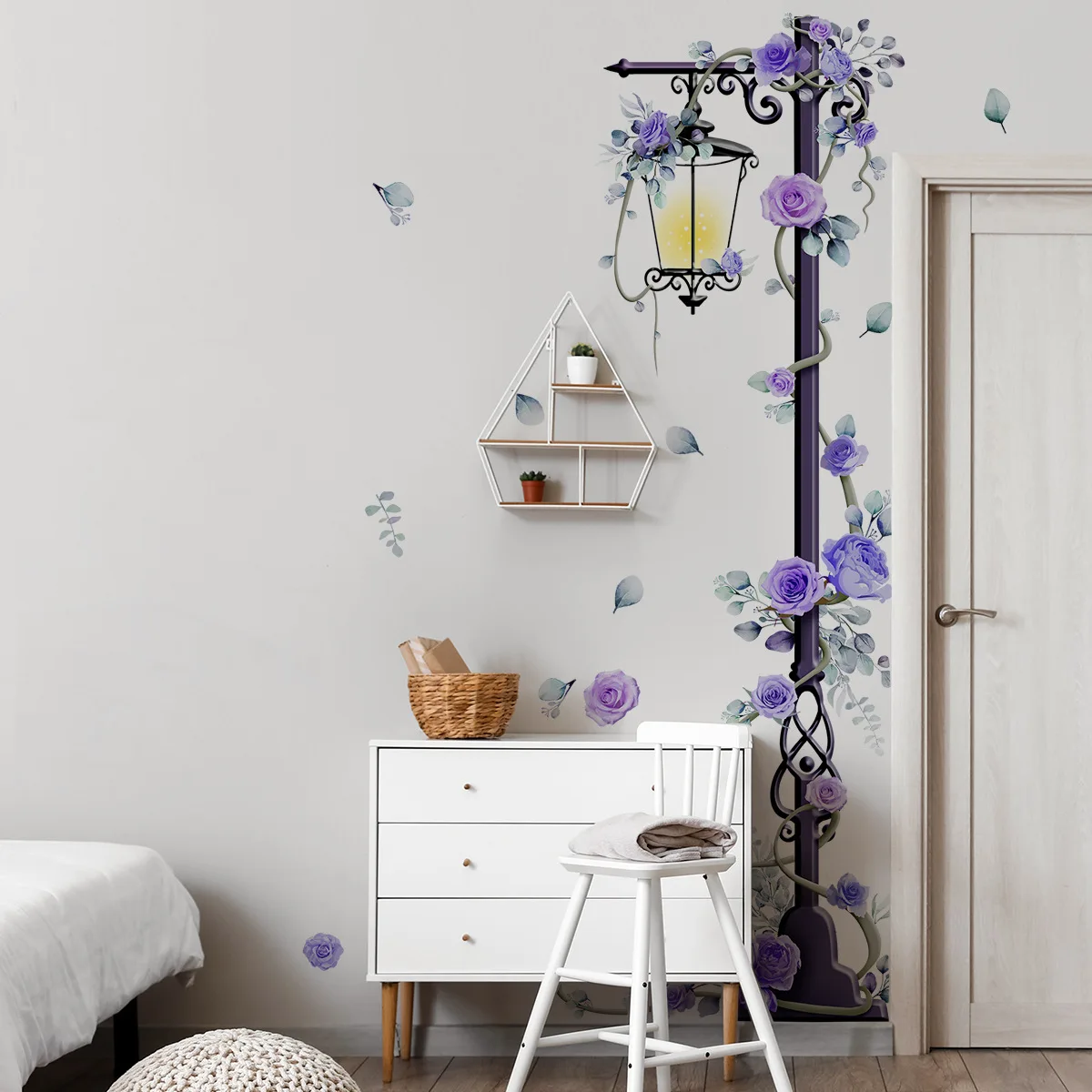 4pcs Large Street Light Purple Rose Flower Sticker Living Room Bedroom Background Decorative Wall Sticker Wallpapers Ms3093