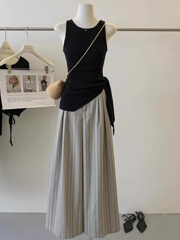 

Черный топ с завышенной талией и широкие брюки в полоску, женский комплект свободного кроя, модный летний наряд в корейском стиле