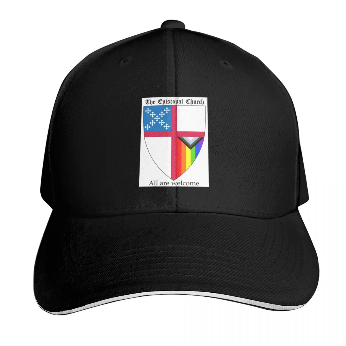 Episcopal Church Shield with Progressive Pride Flag Vertical Rainbow - All Are Welcome 2 Baseball Cap