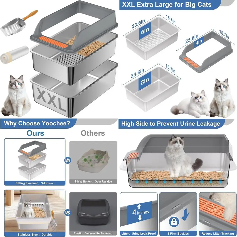 

Очень большой лоток для кошачьего туалета из нержавеющей стали с крышкой для крупных кошек и сосновых гранул, металлический сифтер для гранул с контролем запаха