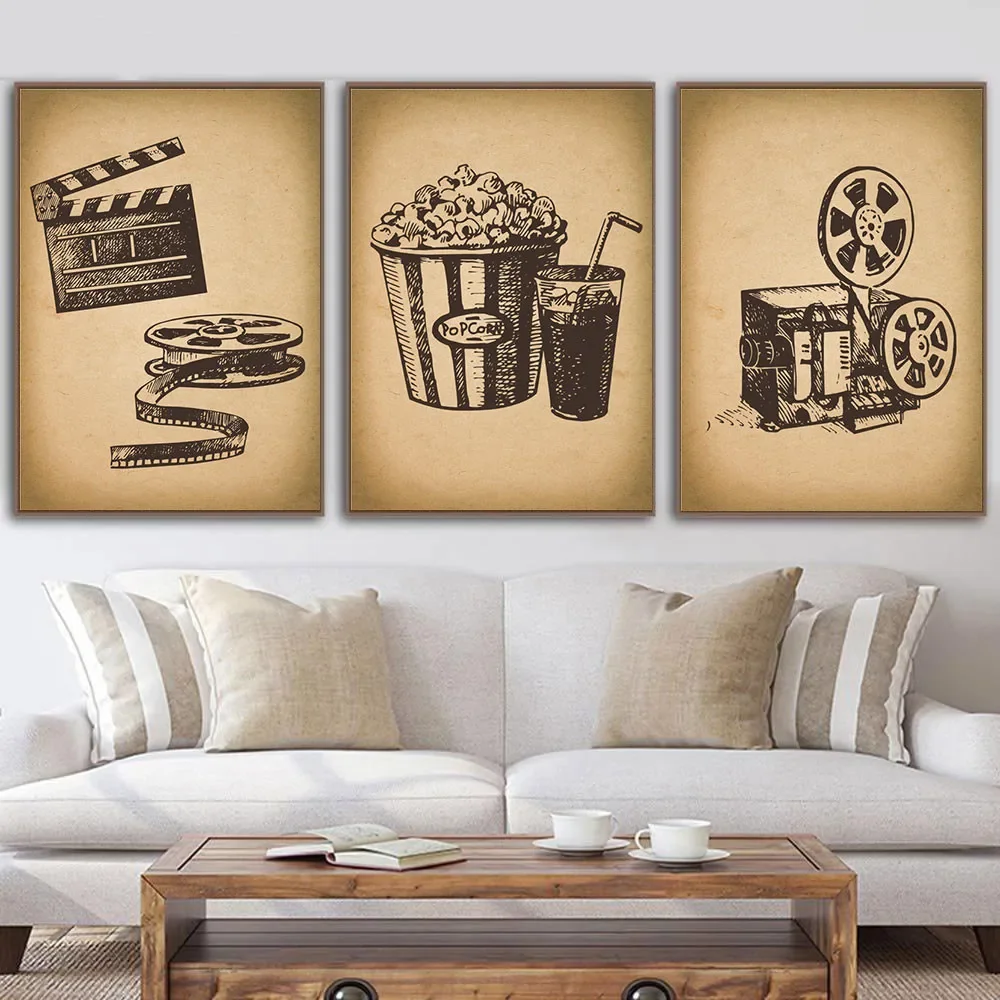 Canvas Painting Print Popcorn Film Clapper Cinema Movie Theater Posters Vintage Wall Art Retro Pictures Living Room Home Decor