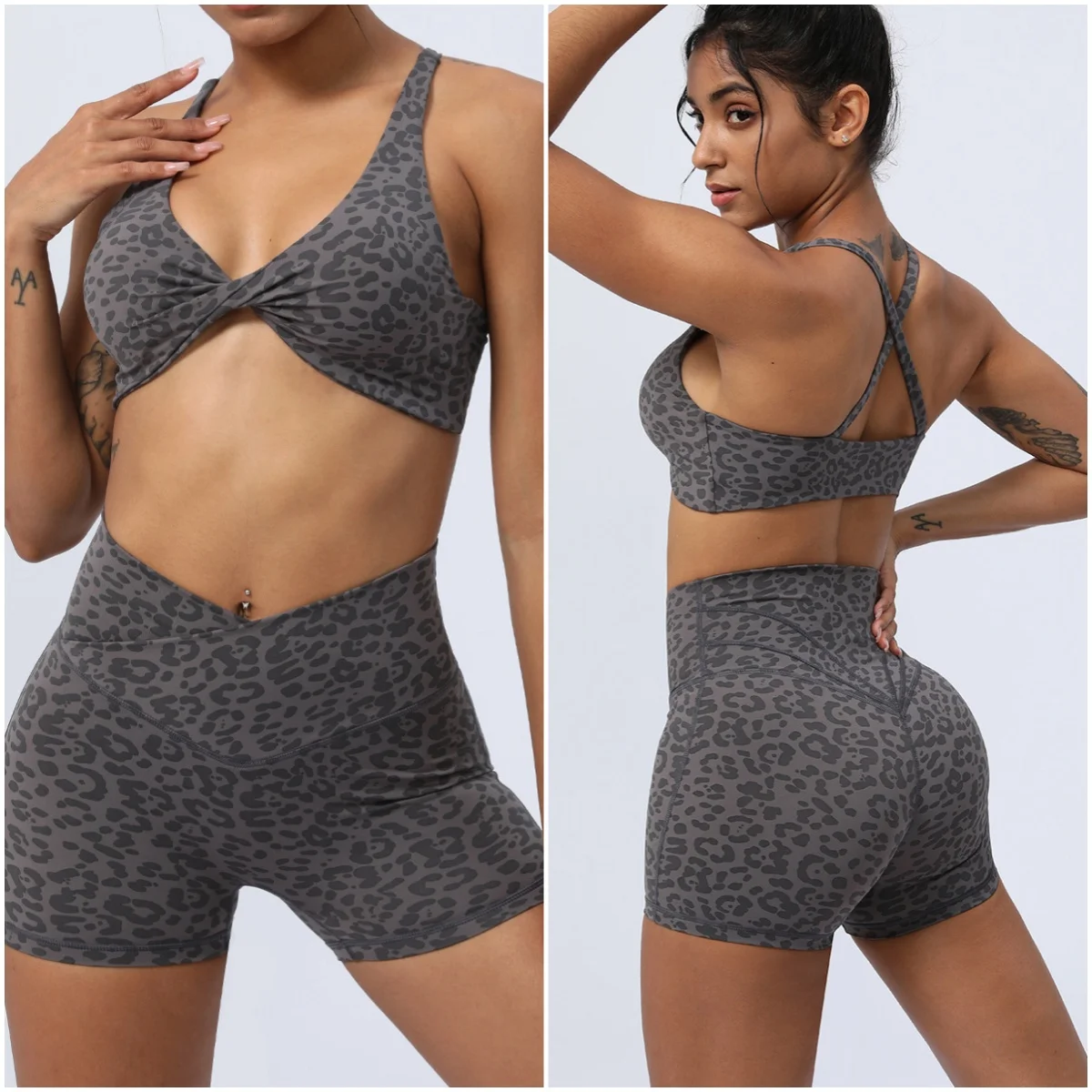 Women Gym Set Yoga Wear Suit Sports Bra V Cross Waist Fitness Shorts Leopard Yoga Suit 2 Piece Workout Outfit Women Sportswear