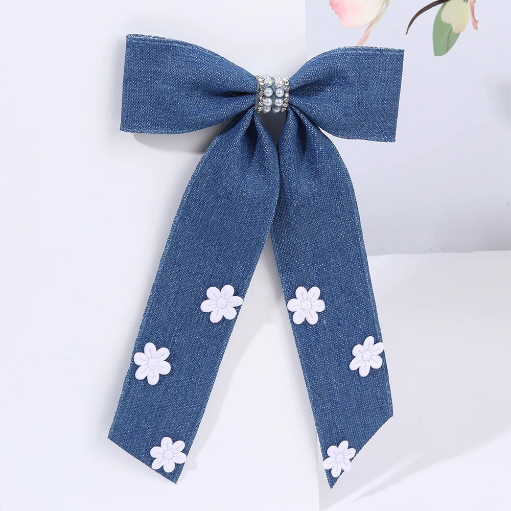 ncmama New Jeans Bow Hairpins with Flower Decorate Women Long Tassels Pearl Hair Clip Barrettes Hairgrips Korea Hair Accessories