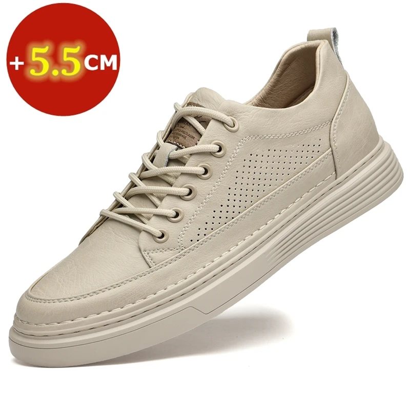 

Man Genuine Leather Spring Summer Heightening Shoes Hollow Out Breathable Elevator Shoes Men Height Increase Insole 5.5CM Sports