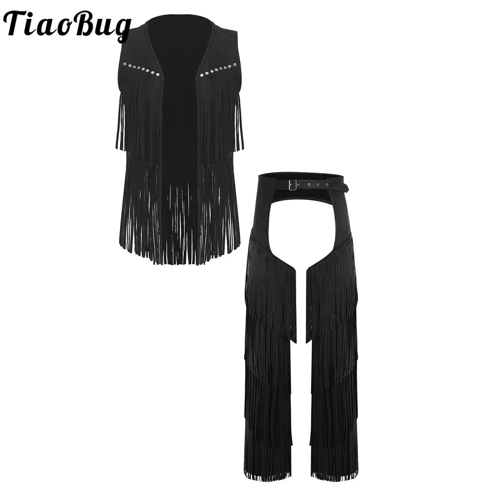 

Men Vintage Western Cowboy Tassel Vest And Tiered Fringe Chap Pants Sets for Halloween Hippie Cowboy Dance Cosplay Outfits