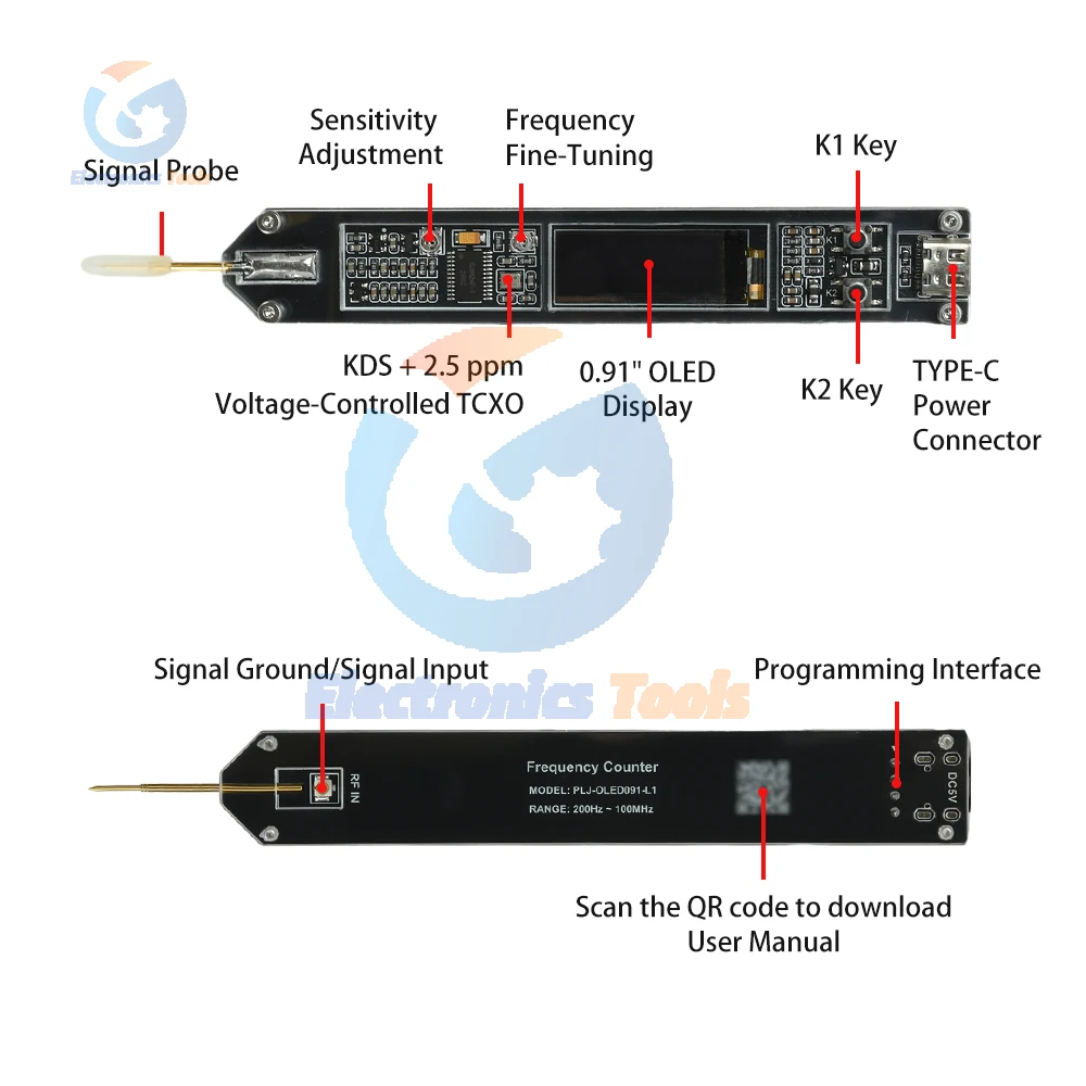 Frequency Counter Pen Type 200Hz-100MHz RF Signal Frequency Meter High Precision for MF‌ HF VHF FM MCU Oscillator Calibration