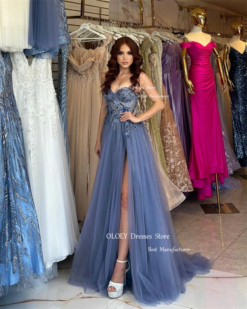 OLOEY-Robe de Rhlongue en tulle bleu poussiéreux, tenue de soirée, manches courtes bouffantes, fendue, style arabe, 2023