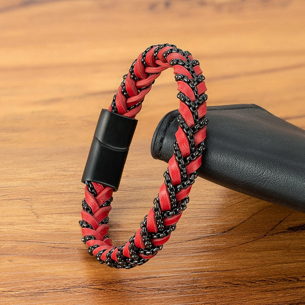 XQNI Woven Leather Bracelet Rope Wrap Special Style Classic Stainless Steel Men\'s Leather Magnetic Clasp Charm Bangles Gift