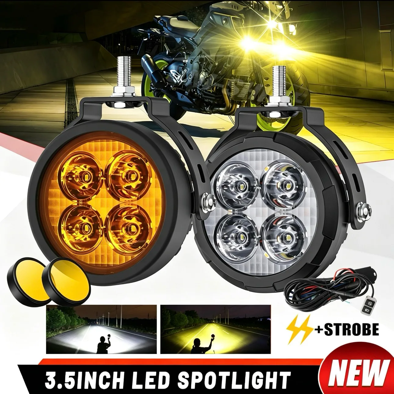 HL 3.5 Inch Round LED Motorcycle Auxiliary Spotlight Dual Color Strobe Driving Light IP68 for Motorbike ATV UTV off-road use