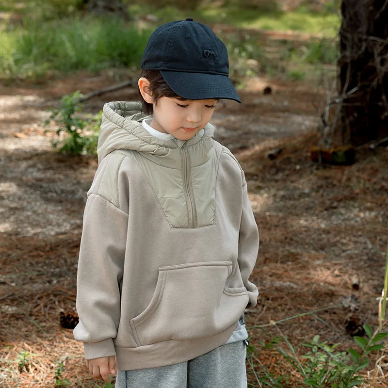 

2025 Winter New Boys' Polar Fleece Splicing Cotton Warm Solid Color Hoodie Coat