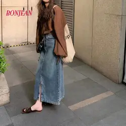 Moda Retro uzun yaz bahar Denim etekler kızlar yüksek bel düğmesi gevşek cepler bölünmüş kot düz Maxi Denim etekler 2022