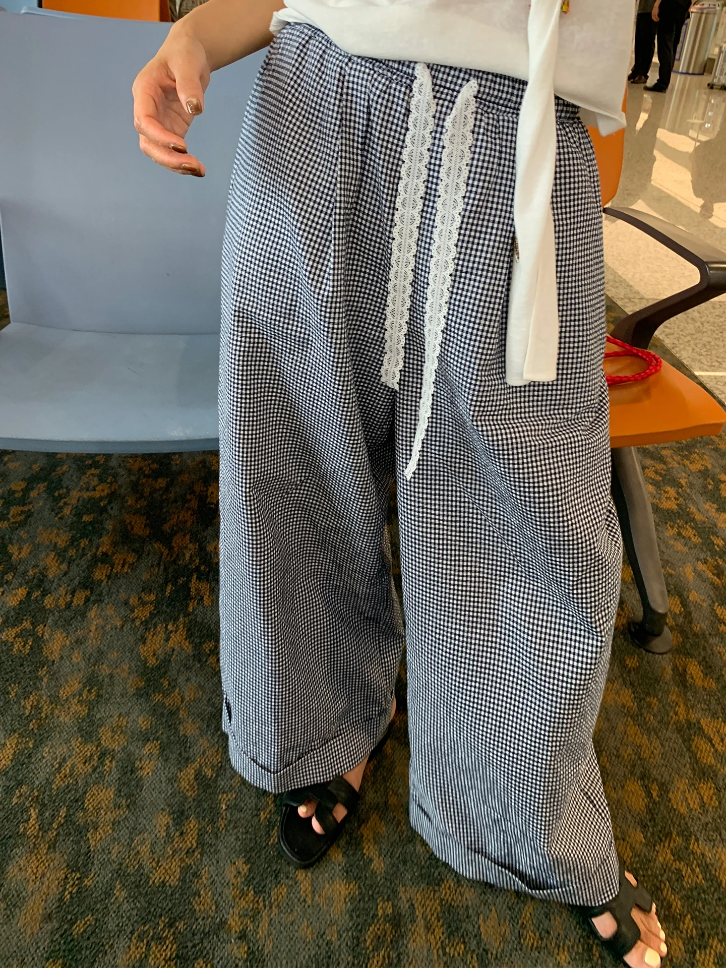 하이 웨이스트 와이드 레그 팬츠 여성 여름 얇은 격자 무늬 프린트 바지 벨트 루즈핏 한국 스타일 통근 패션 코튼