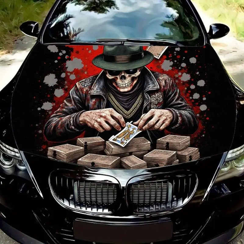 

A decorative car hood sticker depicts a gang member with a skull face, a green cross hat, a black leather jacket, a brown bundle