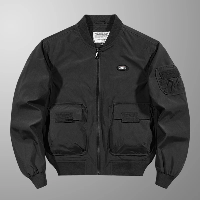 

Loose Fit Men's Pilot Jaet Spring Autumn Faion Baseball Sle Workwear Coat Windproof Polyester Fiber Zipper Closure