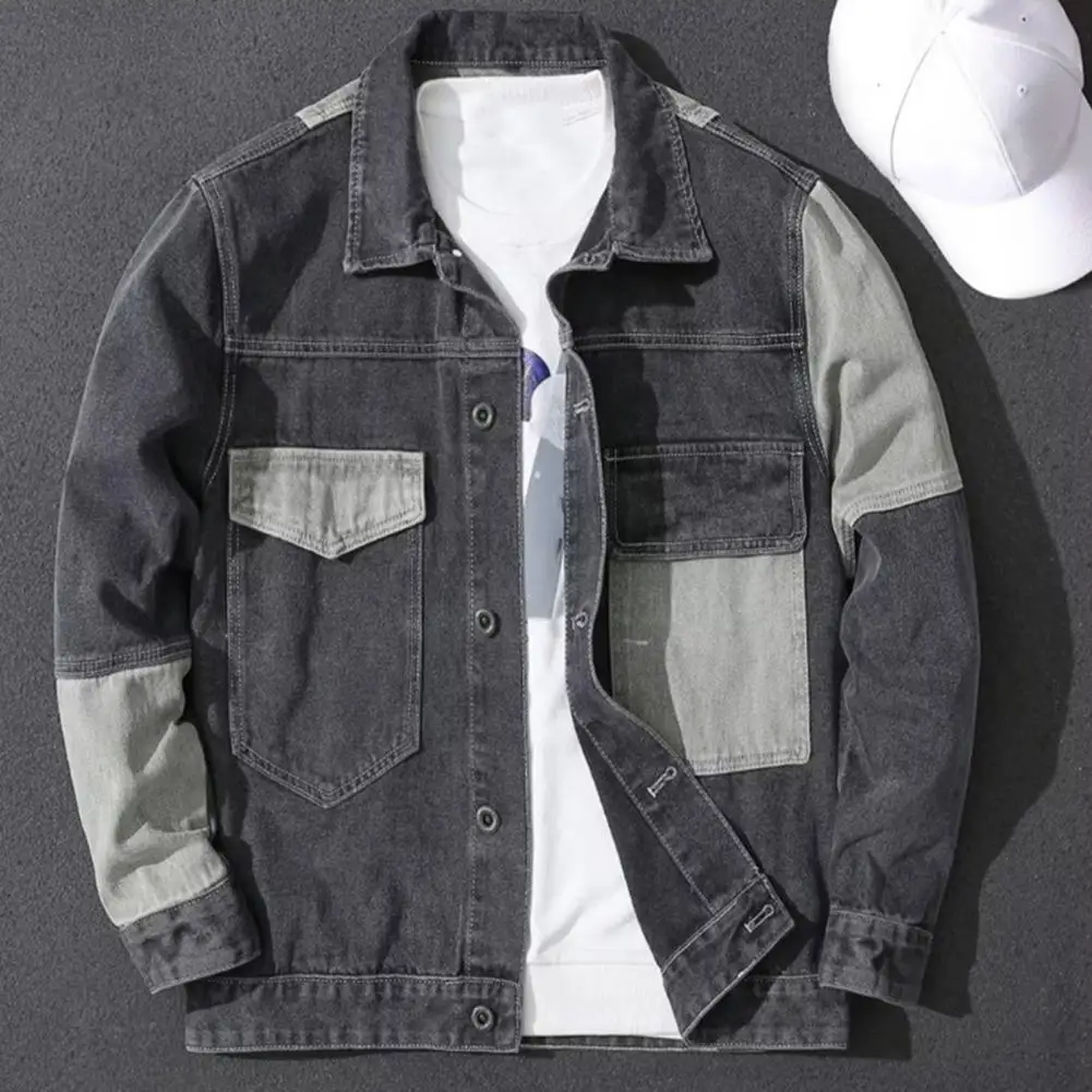 Lapel Single-breasted Jacket Streetwear Men's Color Matching Jacket with Single-breasted Design Hop Style Featuring for Fashion