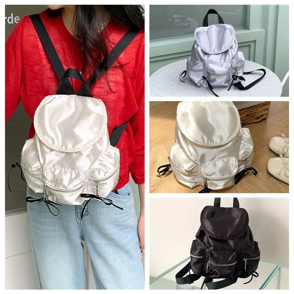 

Fashionable Korean Style Drawstring Backpack Pearly Luster Preppy Nylon Backpack Commute Silver Ribbon Bow Shoulder Bag Women