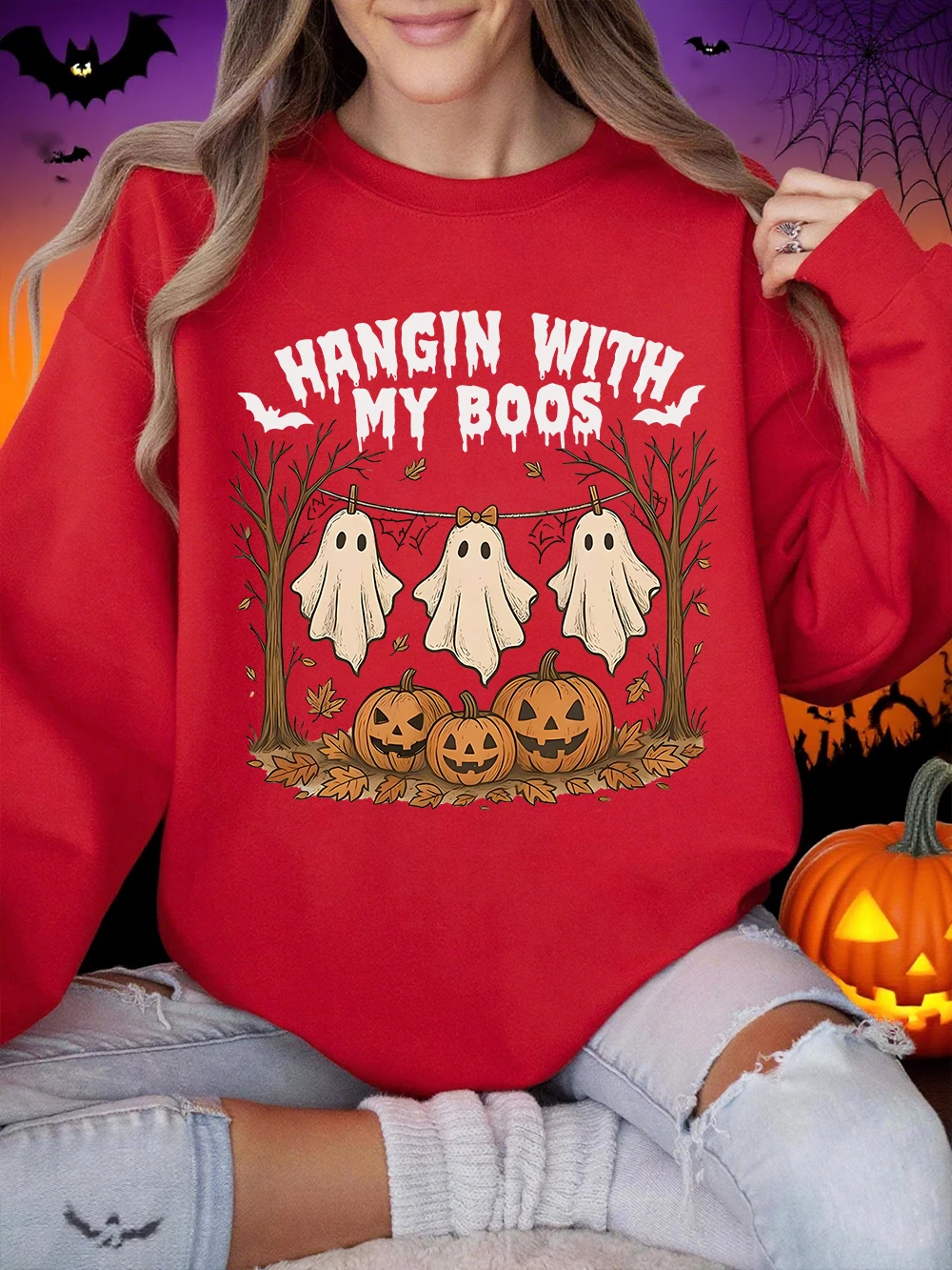 Halloween Sweatshirt Vrouwen Hangin With My Boos Gedrukt Hoodie Losse Fleece Warme Crewneck Trui Winter Casual Dameskleding