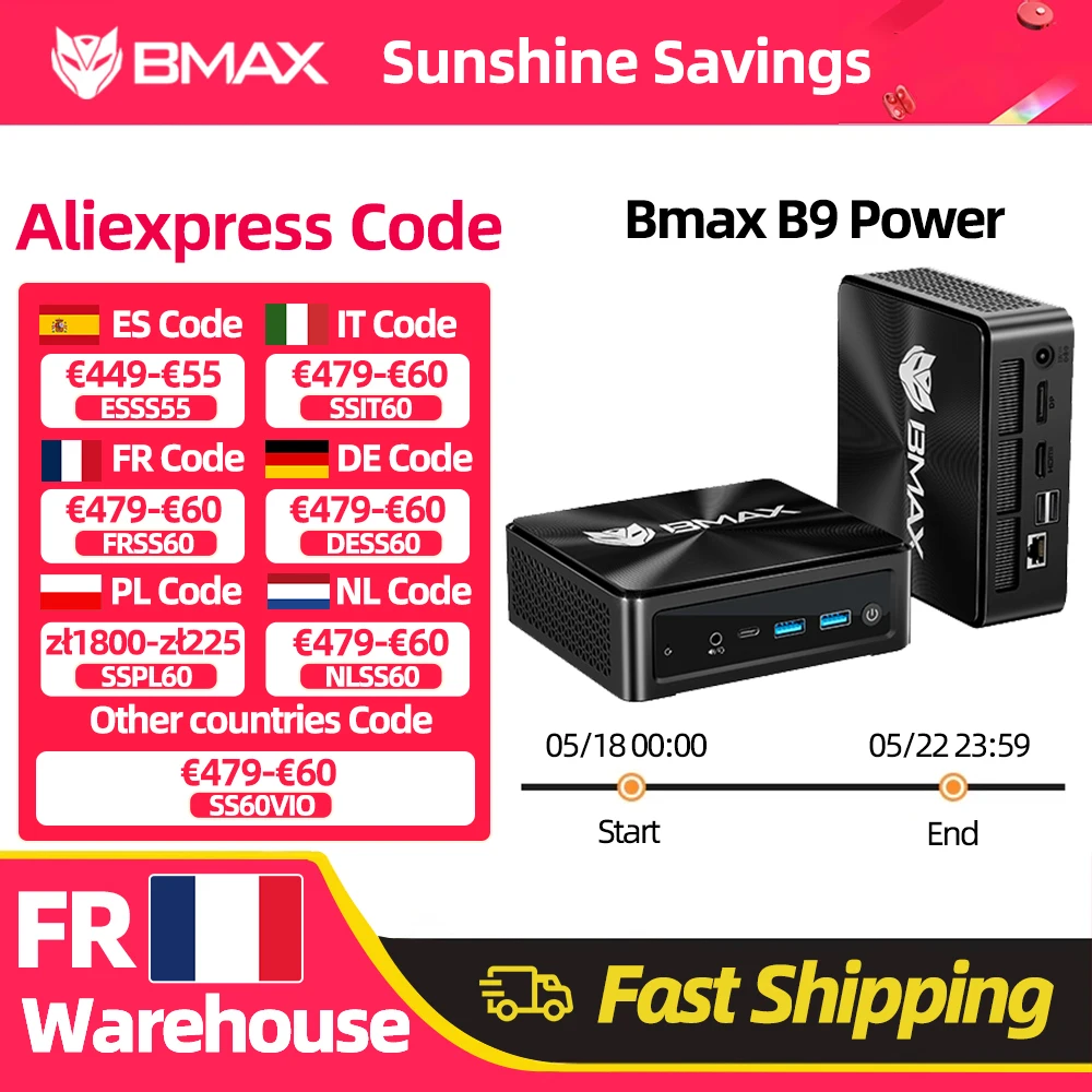 Mini PC BMAX B9 Power, Intel Core i9-12900H, 14 cœurs, max 5,0 GHz, 24 Go de RAM, 1 To SSD, WiFi 6, Bluetooth, HDMI, USB