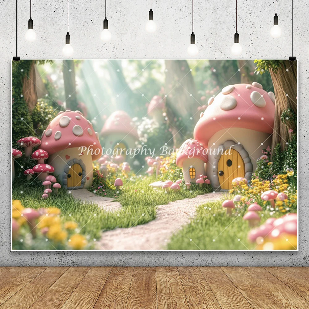 خلفية للتصوير الفوتوغرافي لمنزل فطر الغابة وقلعة فطر الغابة وحفلات أعياد الميلاد للأطفال وخلفية ديكور الكيك