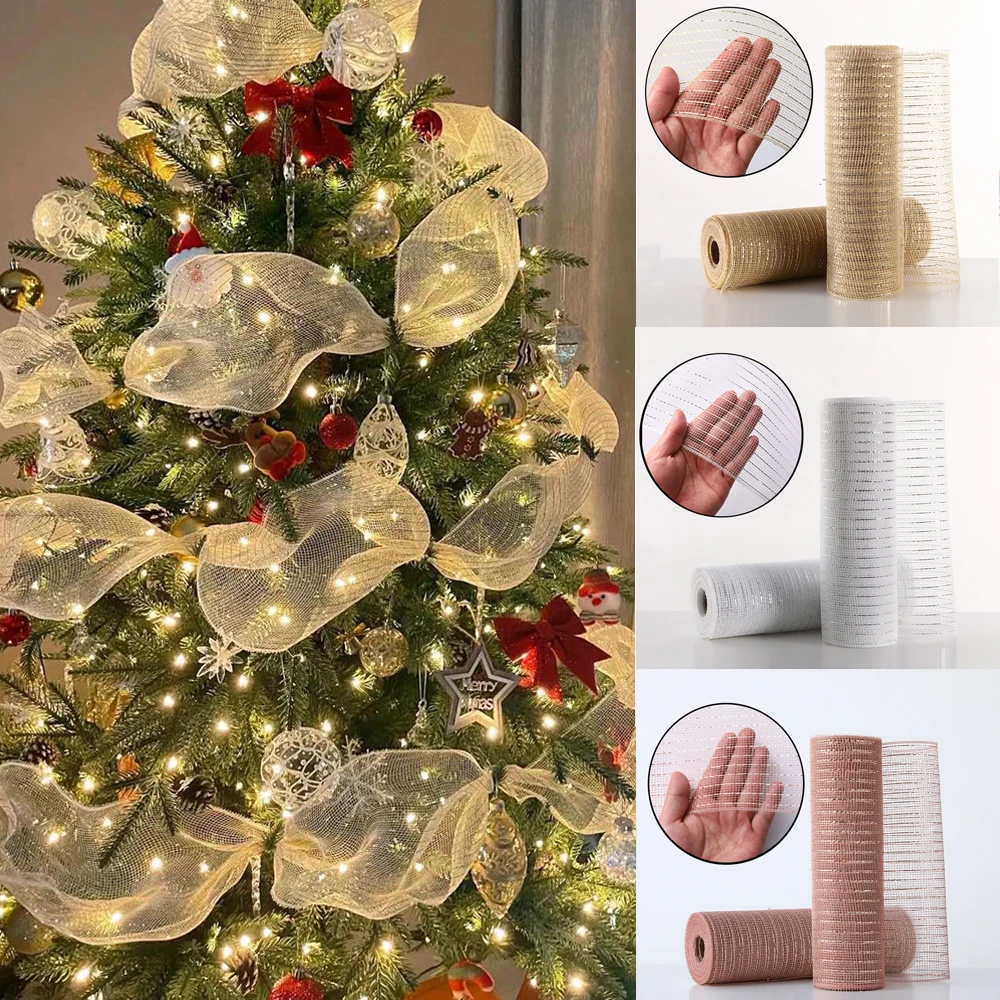 

10Yards 26CM Christmas Tree Gauze Mesh Tulle Roll Gold Silver Christmas Bow Mesh DIY Xmas Tree Ribbon Decoration Gift Wrapping