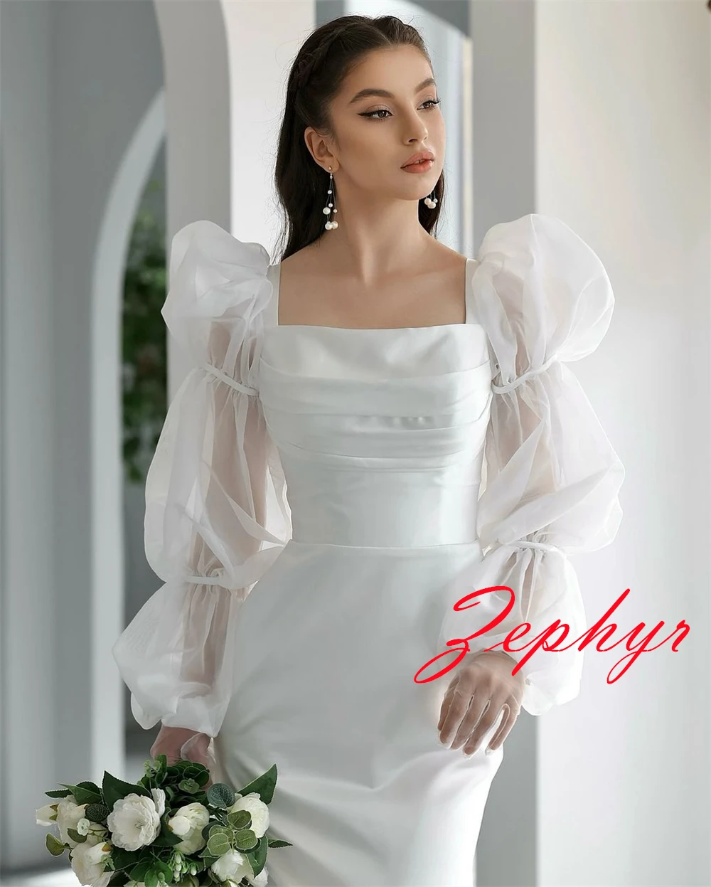 Maßgeschneidertes exquisites weißes Satin-Hochzeitskleid, eleganter quadratischer Kragen, lange Ärmel, Brautkleider, Kapellenschleppe, Meerjungfrauenkleider