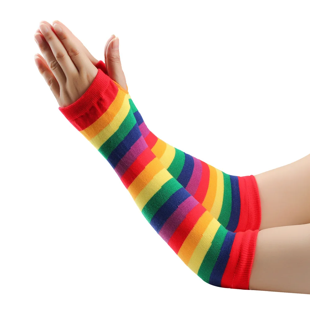 Regenboog lange mouw vrouw winter armwarmers gebreide manchetten handschoenen kleurrijke gestreepte mouwen vakantie feest arm cover cosplay