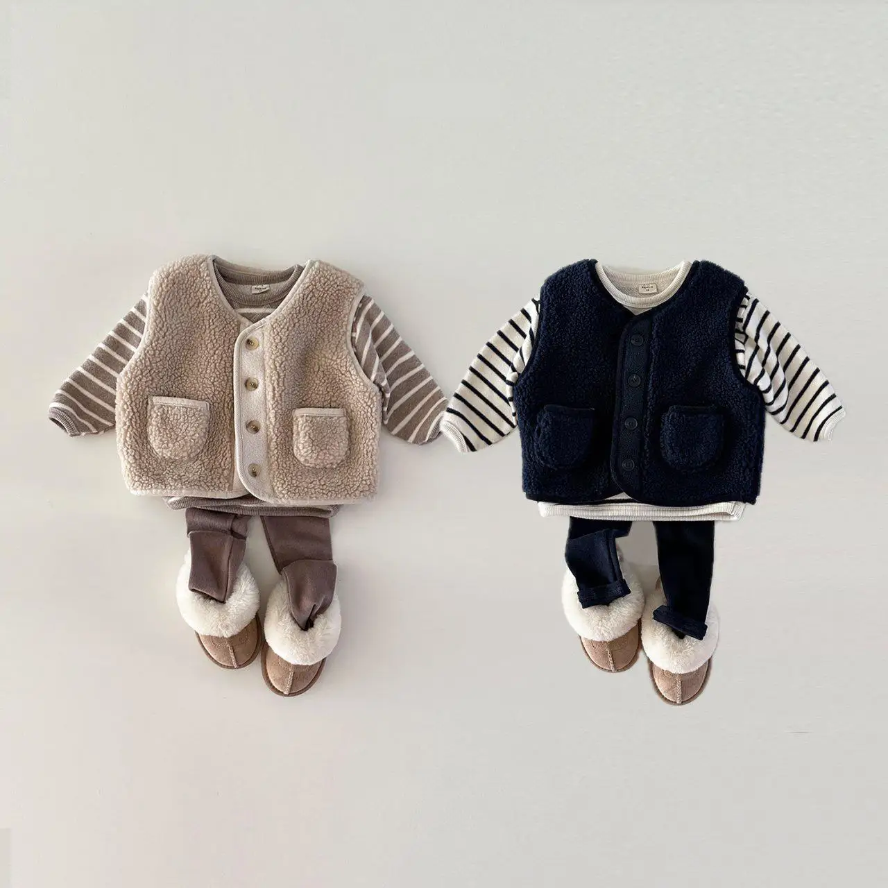 Winter New Baby Fleece Casual Set Infant Cardigan Vest + Striped Tops + Leggings 3pcs Suit Plus Velvet Boys Girls Warm Outfits