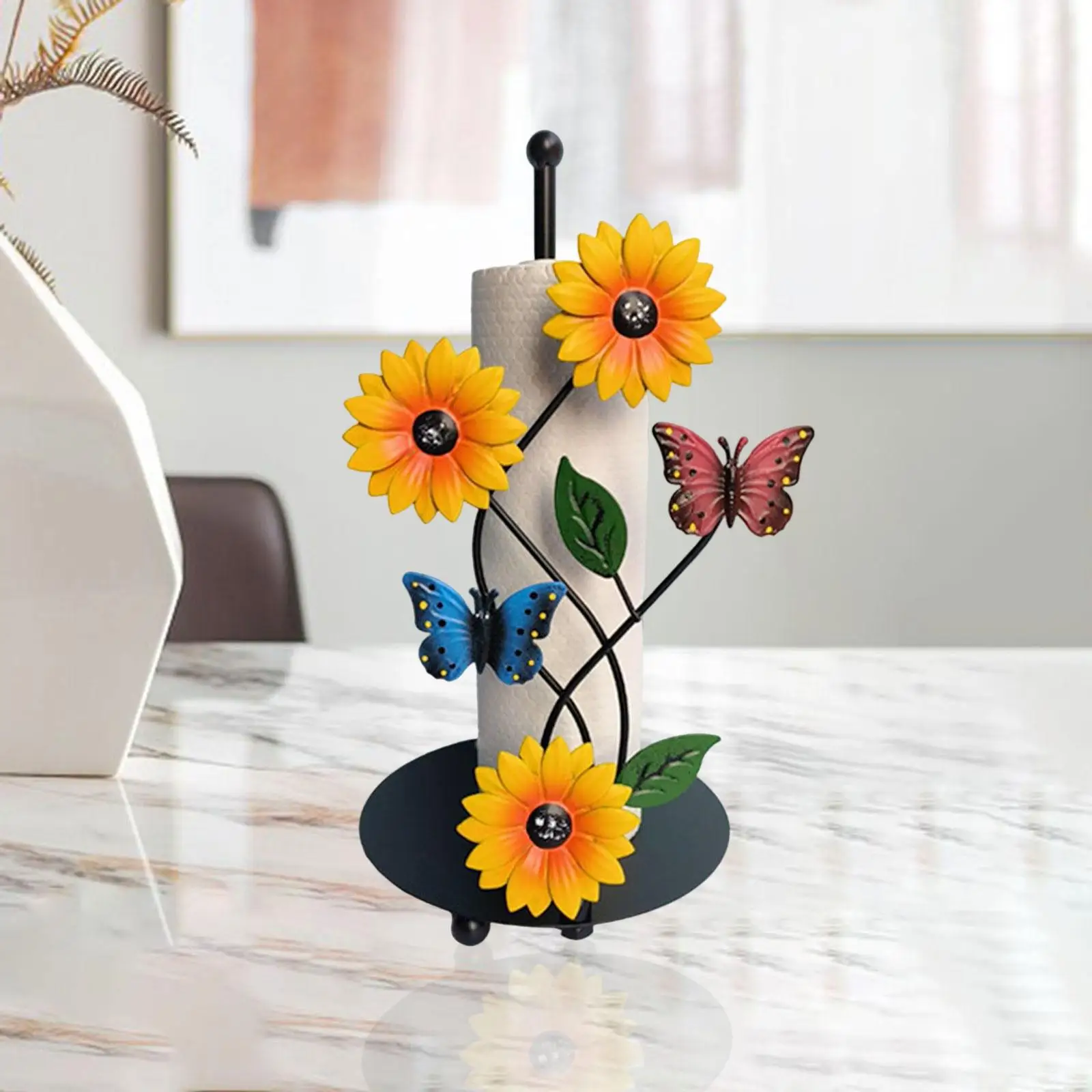 Iron Sunflower Paper Towel Holder Free Standing Paper Roll Holders Vertical Tissue Holder Rack for Farmhouse Kitchen Home Decor