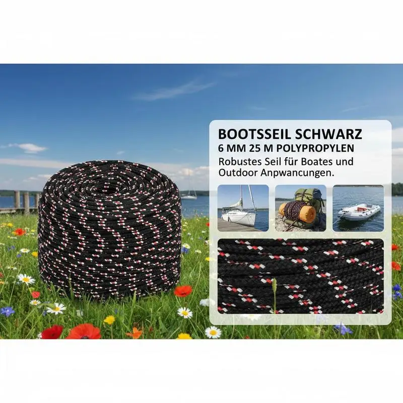 Corde de bateau noire 6 mm 25 m en polypropylène durable, idéale pour la navigation, le camping, la fixation extérieure et les opérations de sauvetage