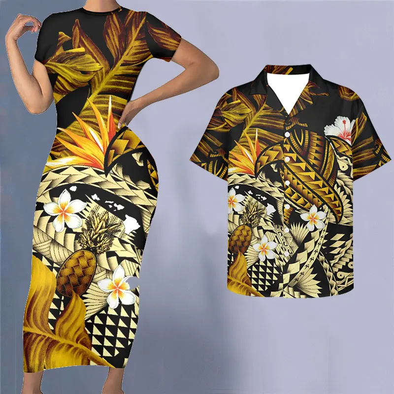 Noisydesigns Frauen Sexy Bodycon Kleid Mit Männer Hemd Polynesian Plumeria Floral 2022 Strand Paar Maxi Kleidung 4XL Dropship