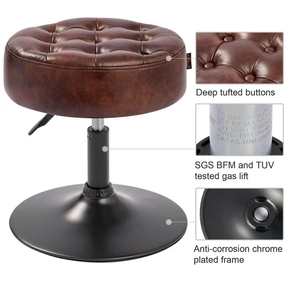 

16 ButtonTufted Vanity Stool For Makeup Room MidCentury Faux Leather Round Ottoman For Bedroom Luxurious Swivel Adjustable Foot