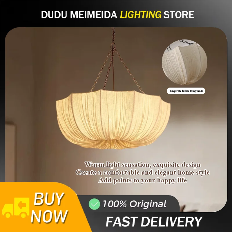 Retro Iron Chain Ceiling Lamp Japanese Fabric Chandelier Living Dining Room Bedroom Pendant Lamps Lustre Hanging Light Fixture