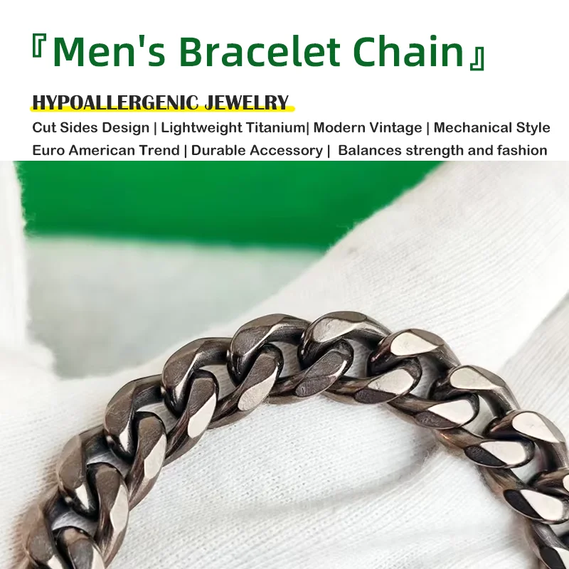 Vintage Titanium Chain Bracelet 10 MM Width Cut Sides Chain Men Bracelet