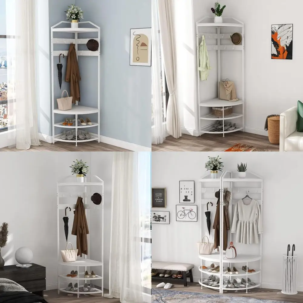 

Corner Hall Tree with Shoe Bench, Coat Rack, and 10 Metal Hooks - Freestanding Clothes Rack and Shoe Organizer