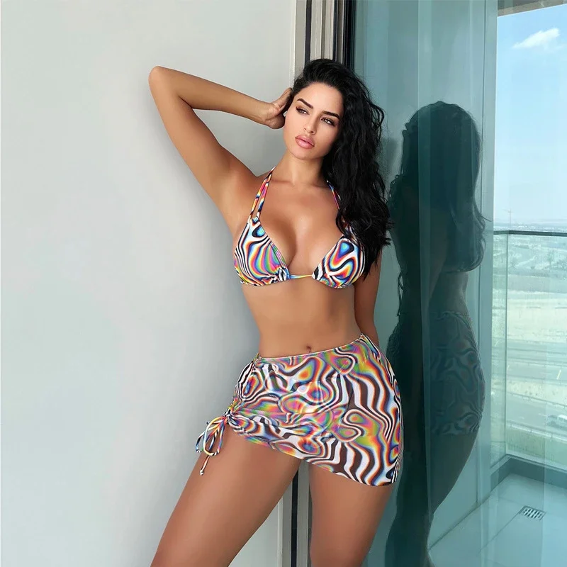 

2024 Women Swimsuit Sexy Bikinis Print Halter Bandage Thong Female Swimwear Drawstring Cover Up 3 Piece Swimming Bathing Suit