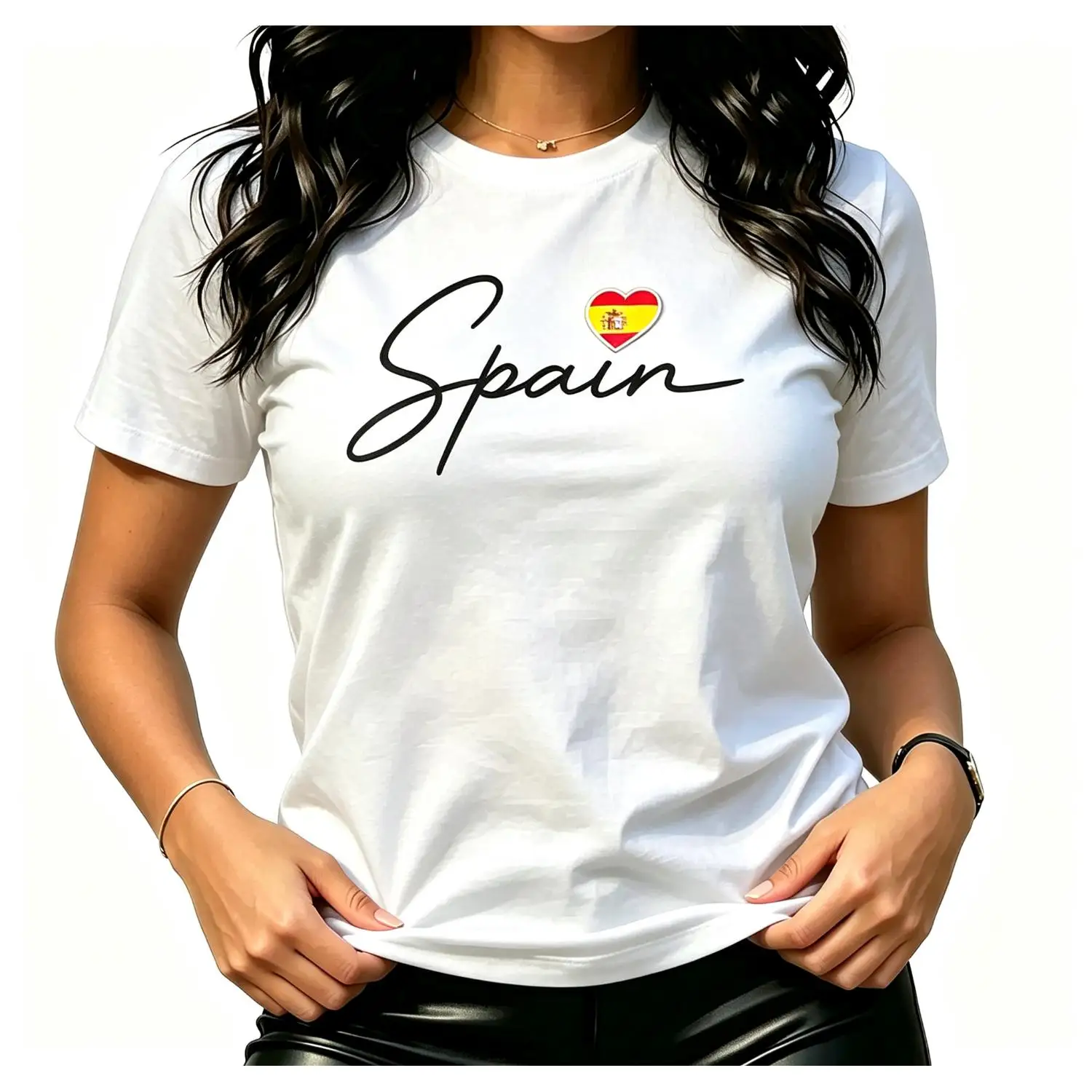 Womens Retro Spanish Flag Heart Spain Tee Vintage España Girls T-Shirt Short Sleeve
