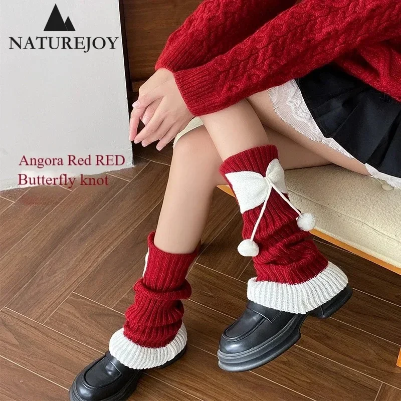 

Leg Warmers Ankola Red New Year Socks Women Furry Thickened Christmas Bow Lace Hairball Japanese Lolita Socks Y2k Autumn Winter