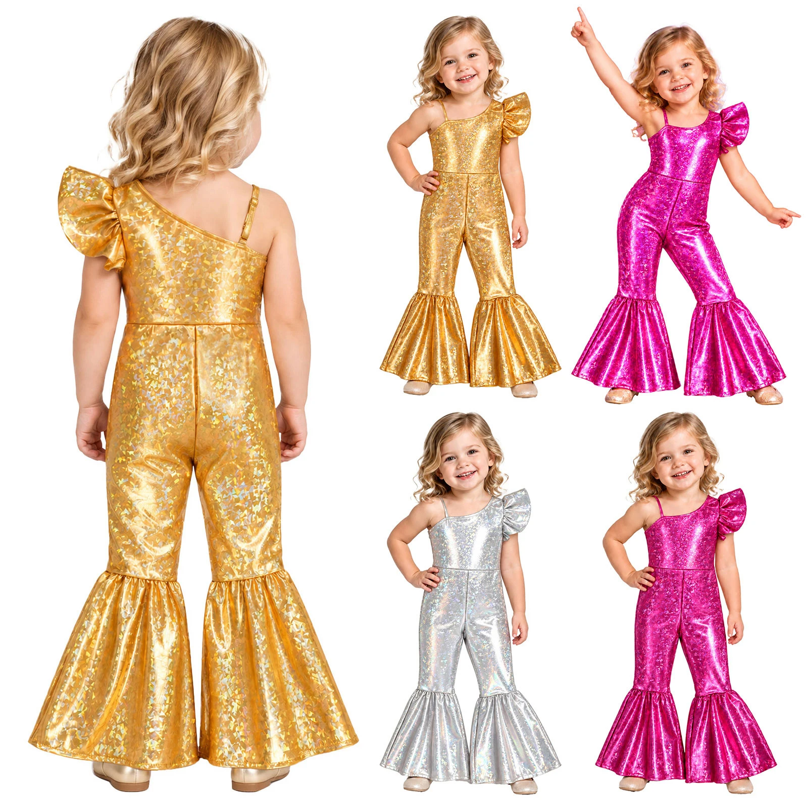 Toddler Kids Girls Metallic Shiny Romper One Shoulder Ruffled Sleeve Bell-bottom Pants Jumpsuit 70s Disco Party Jazz Dancewear view 5