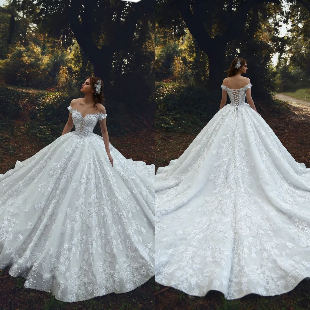

Custom Luxury Off Shoulder Lace Up Beaded Lace Ball Gown Wedding Dress Cathedral Train Bridal Gown Plus Size Vestido De Novia