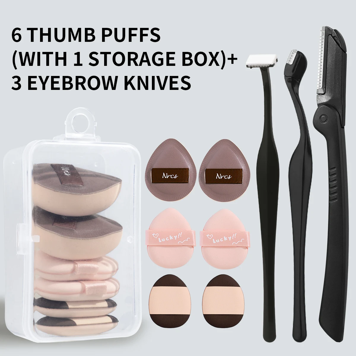 10-teiliges Finger-Puderquasten-Augenbrauentrimmer-Set, einschließlich 6 Puderquasten + 3 Augenbrauentrimmer + Aufbewahrungsbox, Beauty-Tool-Kombination