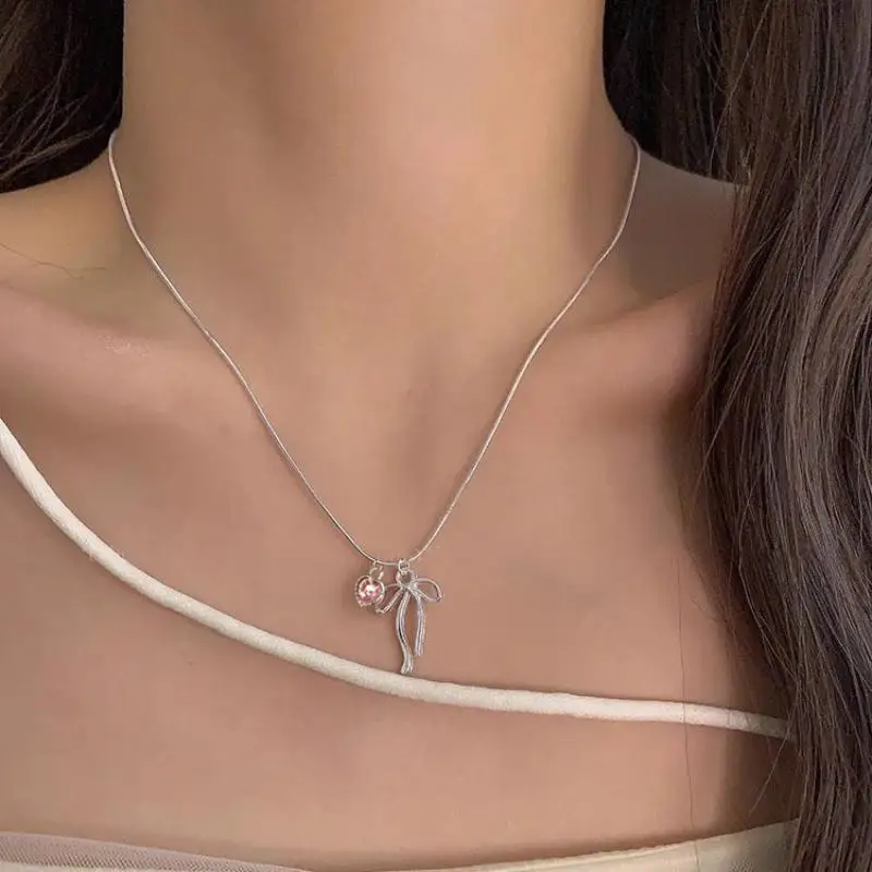 Rosa Zirkon-Schleifenanhänger-Halsketten für Frauen und Mädchen, süß, elegant, klassisch, schlicht, mit Persönlichkeit, Verlobungsschmuck, Geschenke – Detail 1