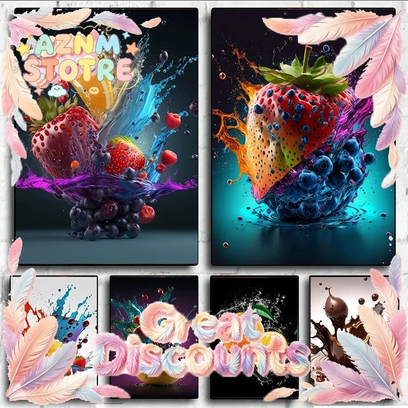 Natural Fresh Fruits Splash Poster and Prints Strawberry Oranges Canvas Painting Kitchen Shop Dining Room Decor Wall Art Pict