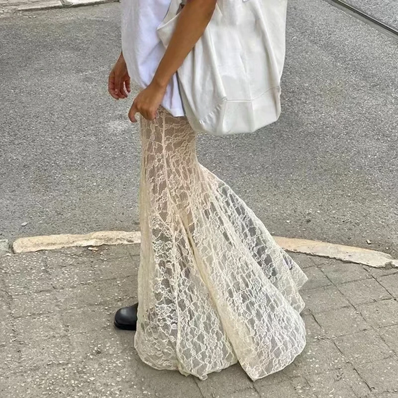 Gonne lunghe a tromba e sirena in pizzo a due strati per le donne Abiti da vacanza con gonna a vita alta alla moda vintage elegante